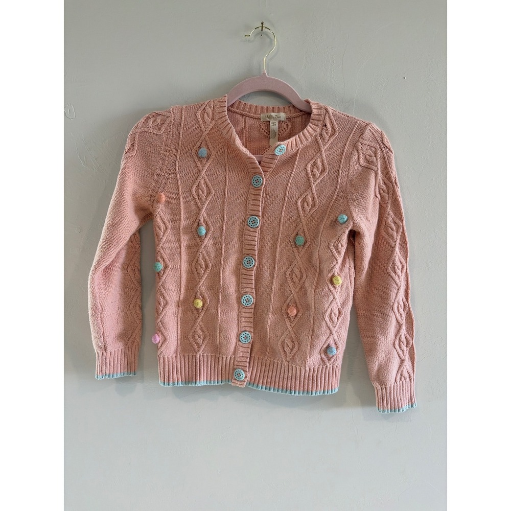 Matilda Jane Girls Pink Cable Knit Pom Pom Cardigan Sweater Size 8
